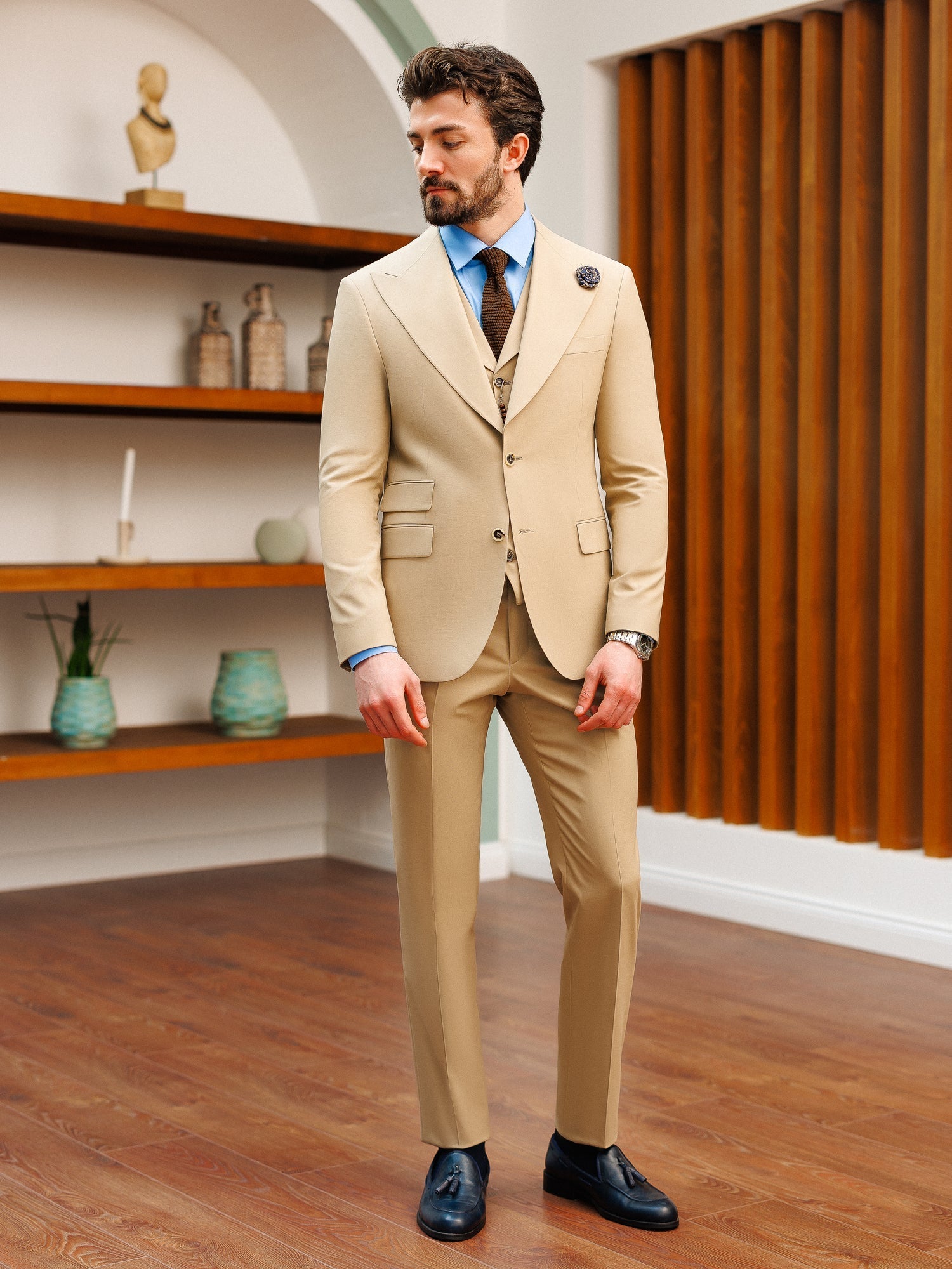 Beige Slim-Fit Suit 3-Piece VIOSSI