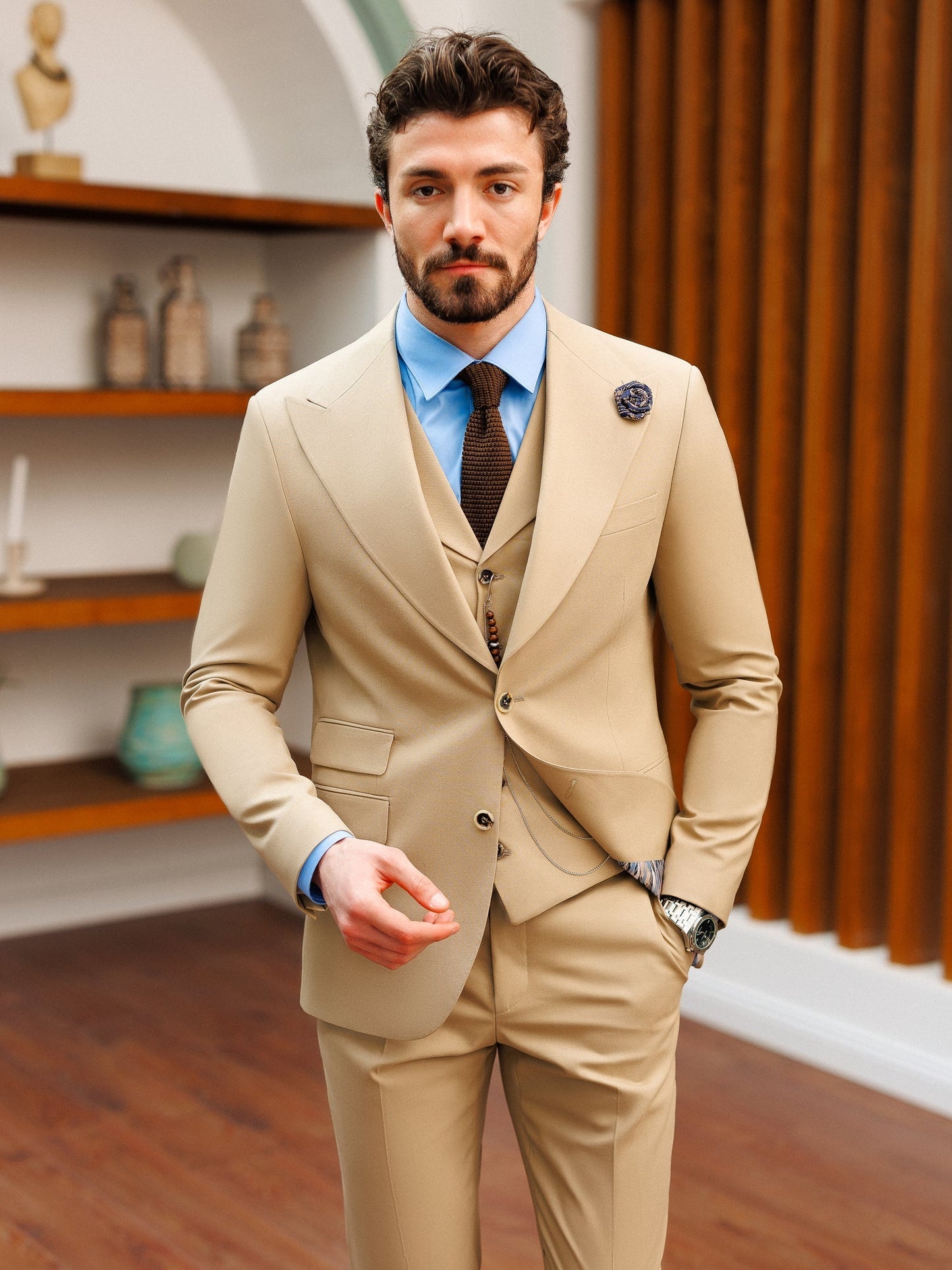 Beige Slim-Fit Suit 3-Piece VIOSSI