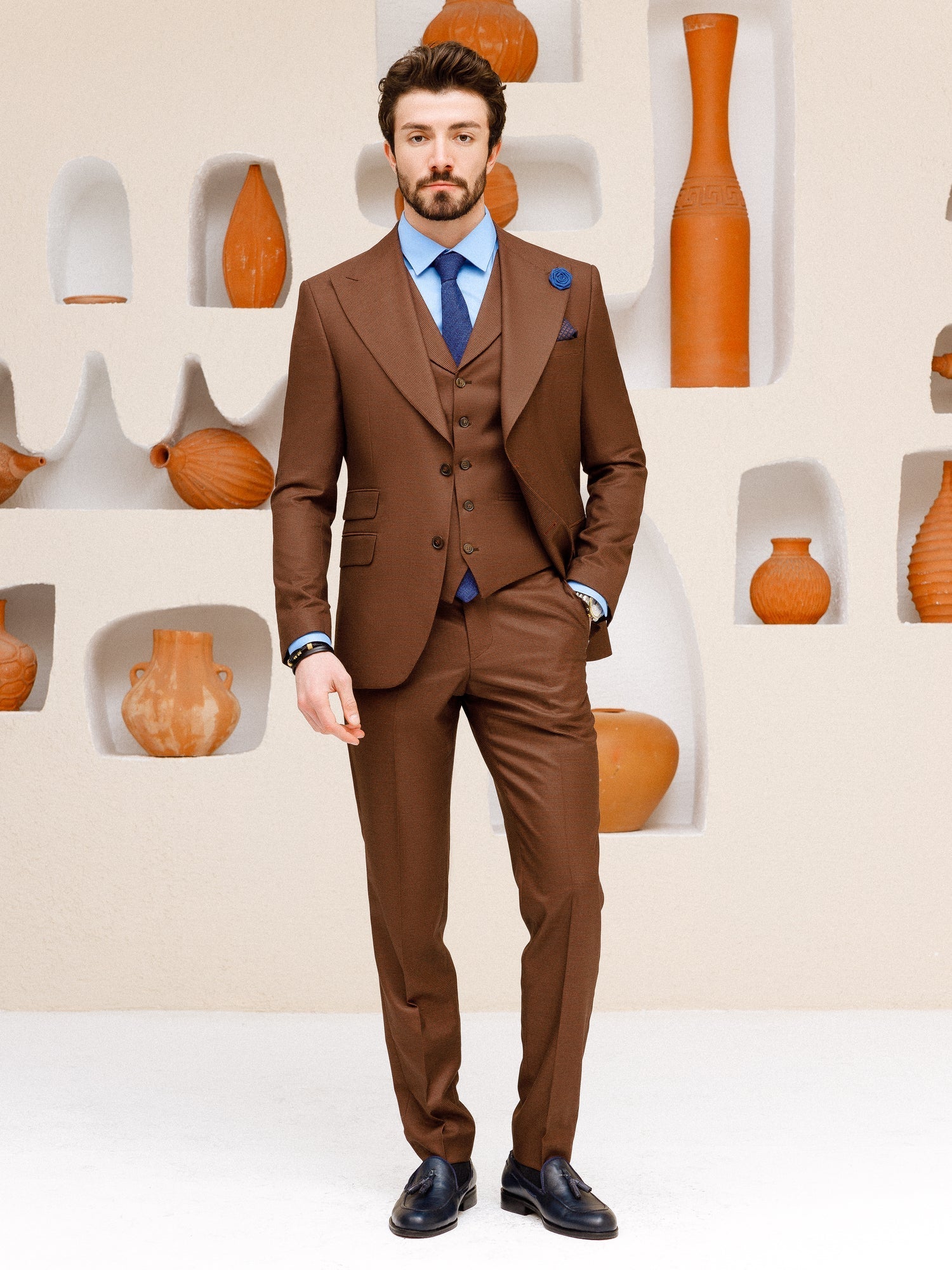 Brown Plaid Slim-Fit Suit 3-Piece VIOSSI