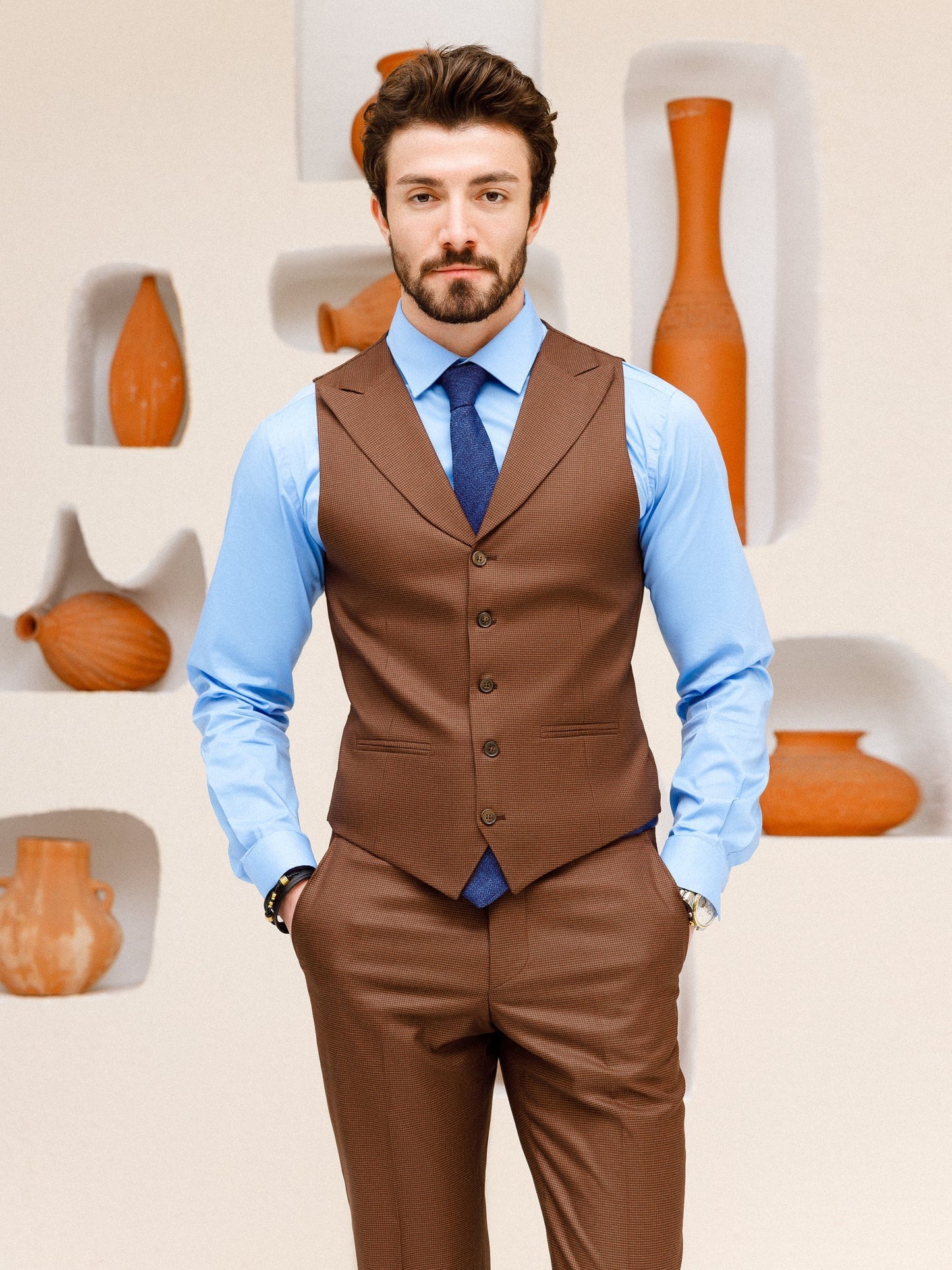 Brown Plaid Slim-Fit Suit 3-Piece VIOSSI