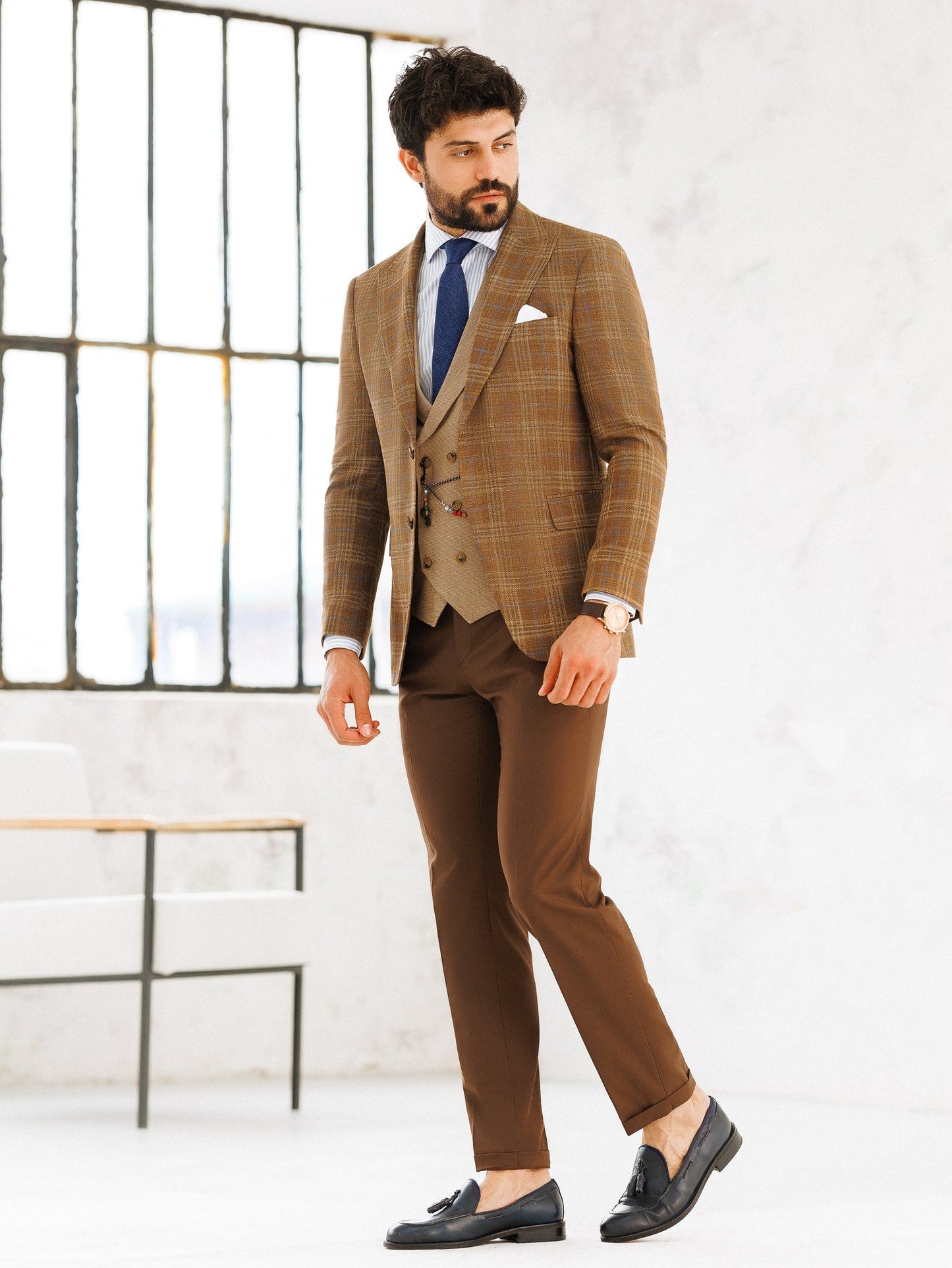 Brown Plaid Slim-Fit Suit 3-Piece VIOSSI