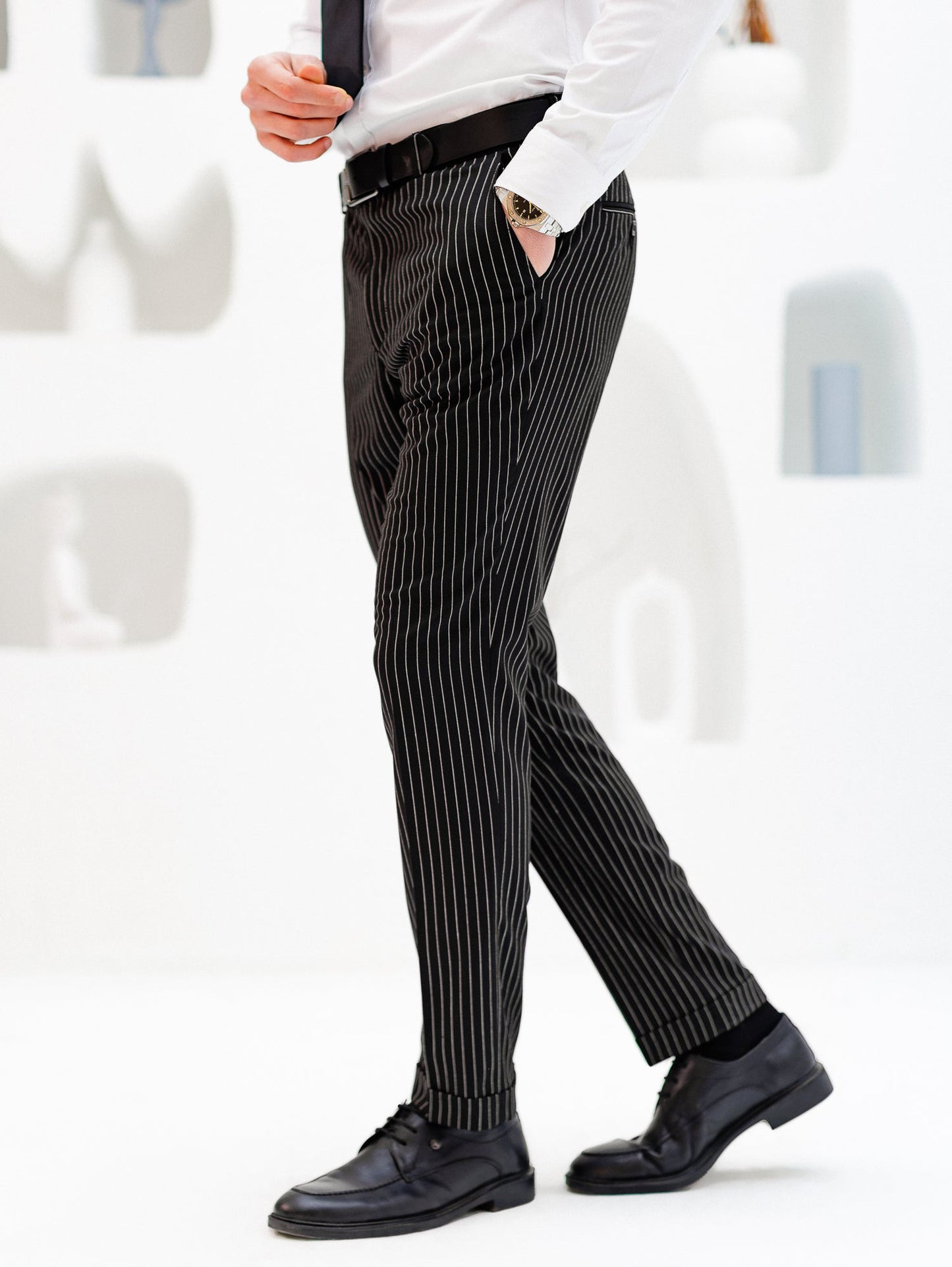 Black Striped Mid Waist Slim-Fit Pants VIOSSI