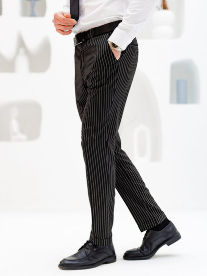 Black Striped Mid Waist Slim-Fit Pants VIOSSI