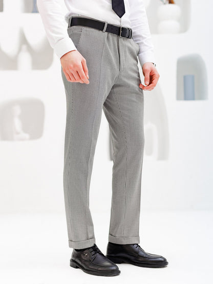 White Houndstooth Mid Waist Slim-Fit Pants VIOSSI