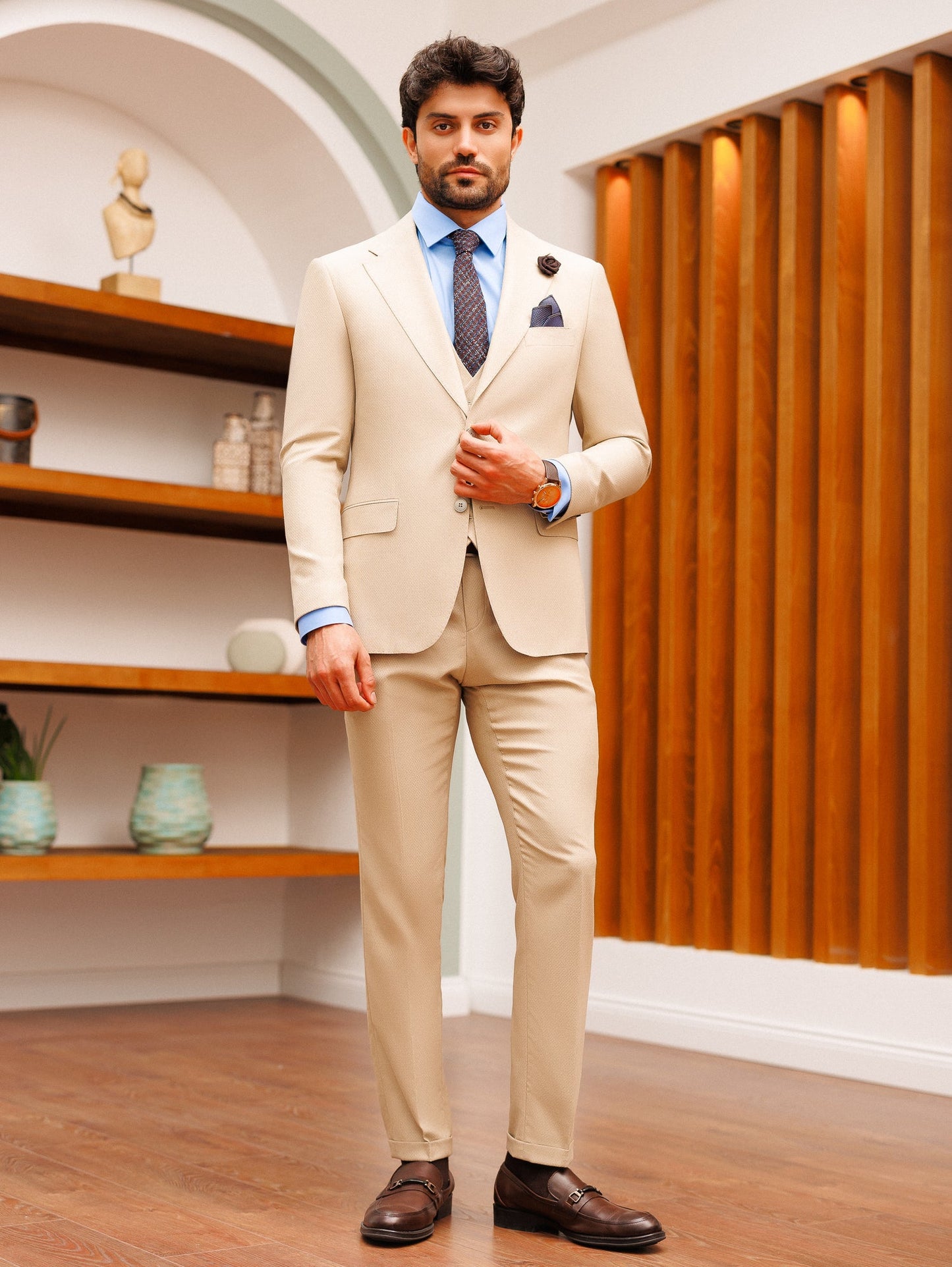 Beige Slim-Fit Suit 3-Piece