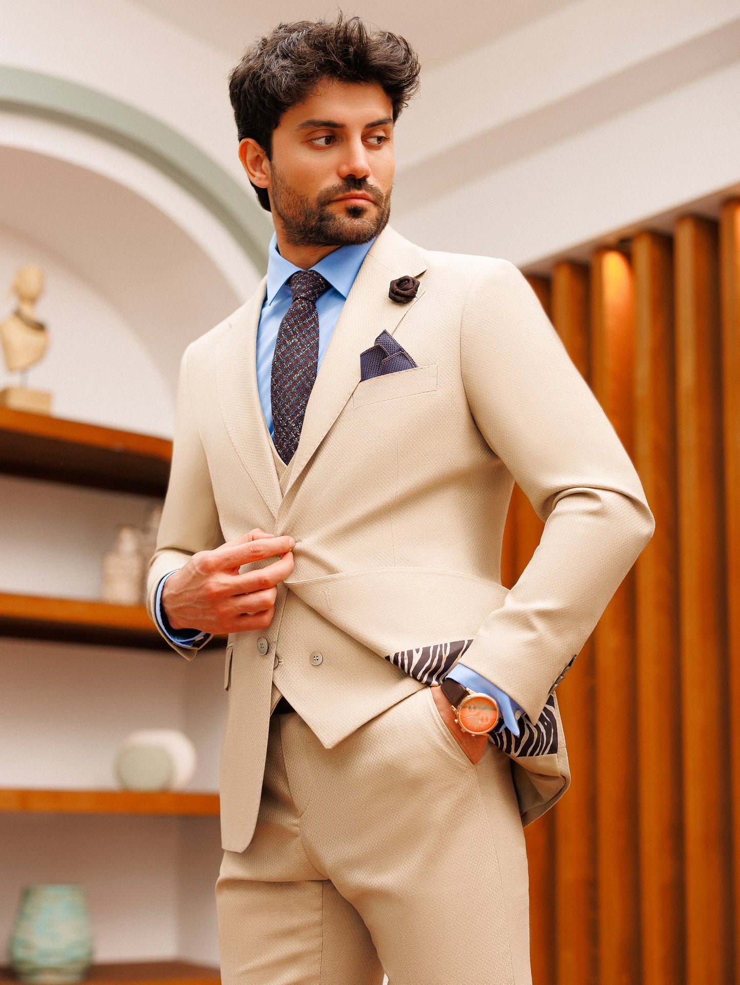 Beige Slim-Fit Suit 3-Piece