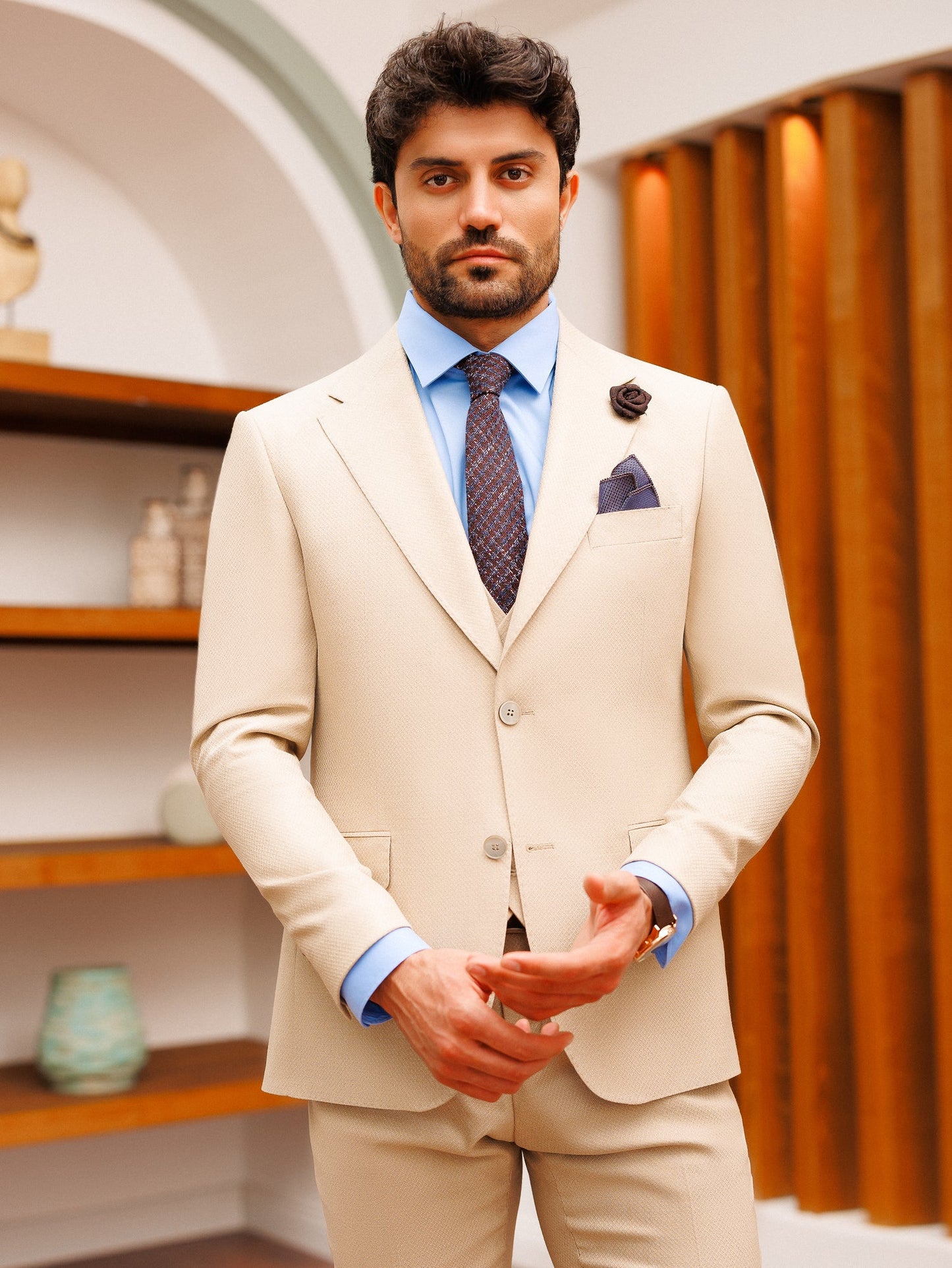 Beige Slim-Fit Suit 3-Piece