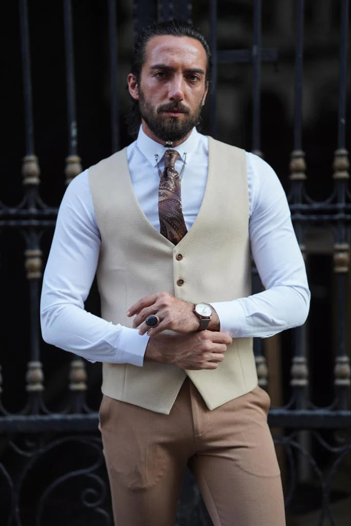 Stefano Slim Fit Beige Plaid Vest for Modern Gentlemen