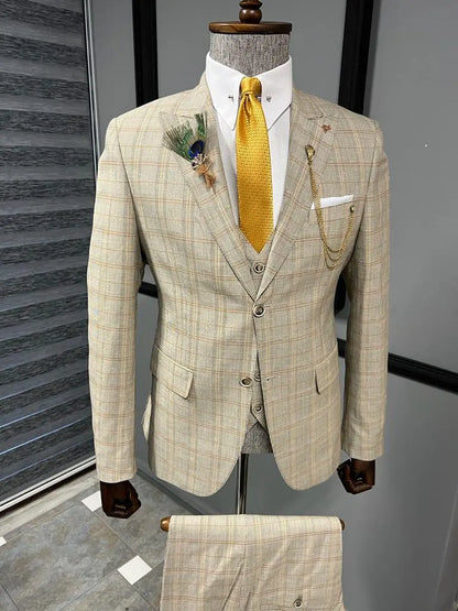 Fremont Camel Slim Fit Peak Lapel Plaid Suit - Elegant Three-Piece Ensemble BOJONI
