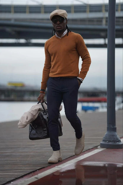 Stefano Slim Fit Custom Design Camel V-Neck Sweater