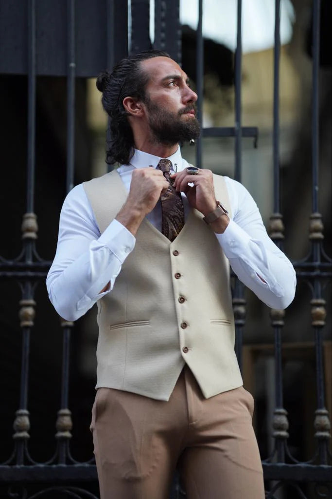 Stefano Slim Fit Beige Plaid Vest for Modern Gentlemen