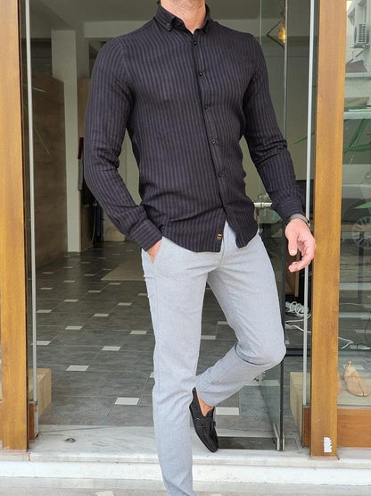 Brabion Mantova Black Slim Fit Long Sleeve Striped Cotton Shirt