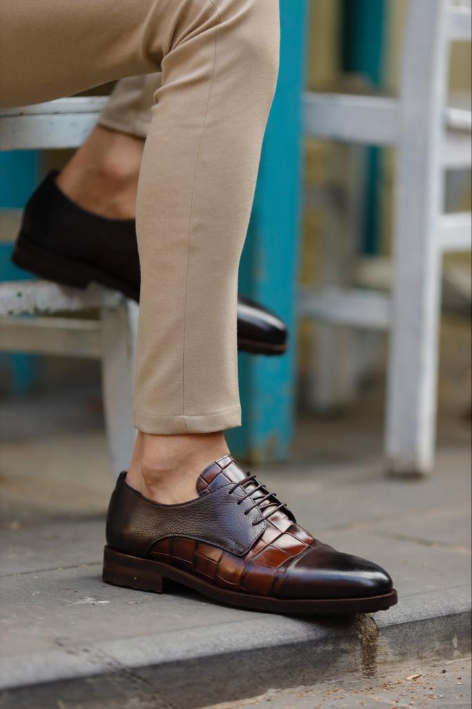 Empire Brown Cap Toe Crocodile Pattern Derby Shoes