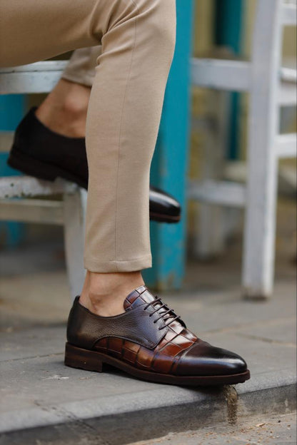 Empire Brown Cap Toe Crocodile Pattern Derby Shoes