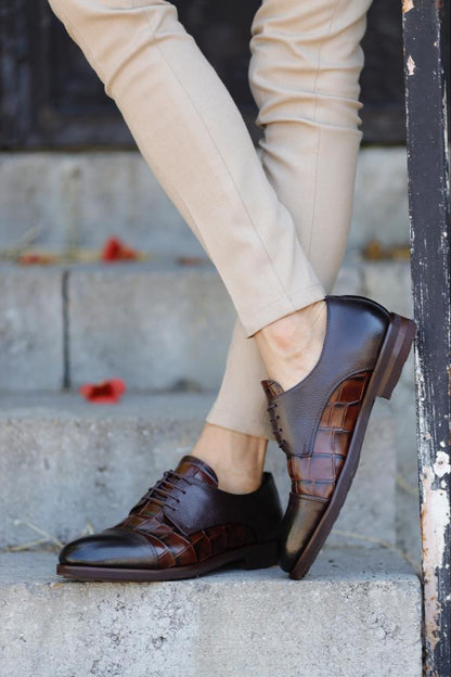 Empire Brown Cap Toe Crocodile Pattern Derby Shoes