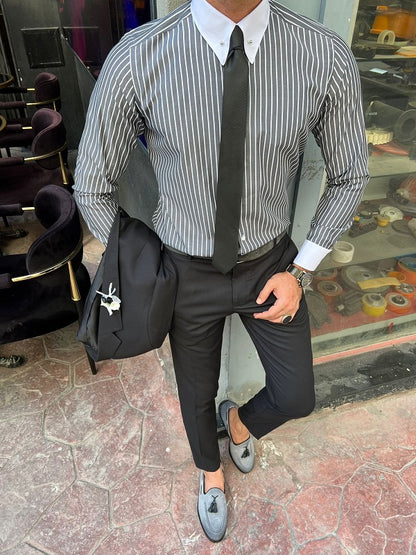 Brabion Berton Black Slim Fit Striped Cotton Shirt