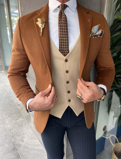 Enzo Brown Slim Fit Notch Lapel Wool Blazer - Versatile Elegance
