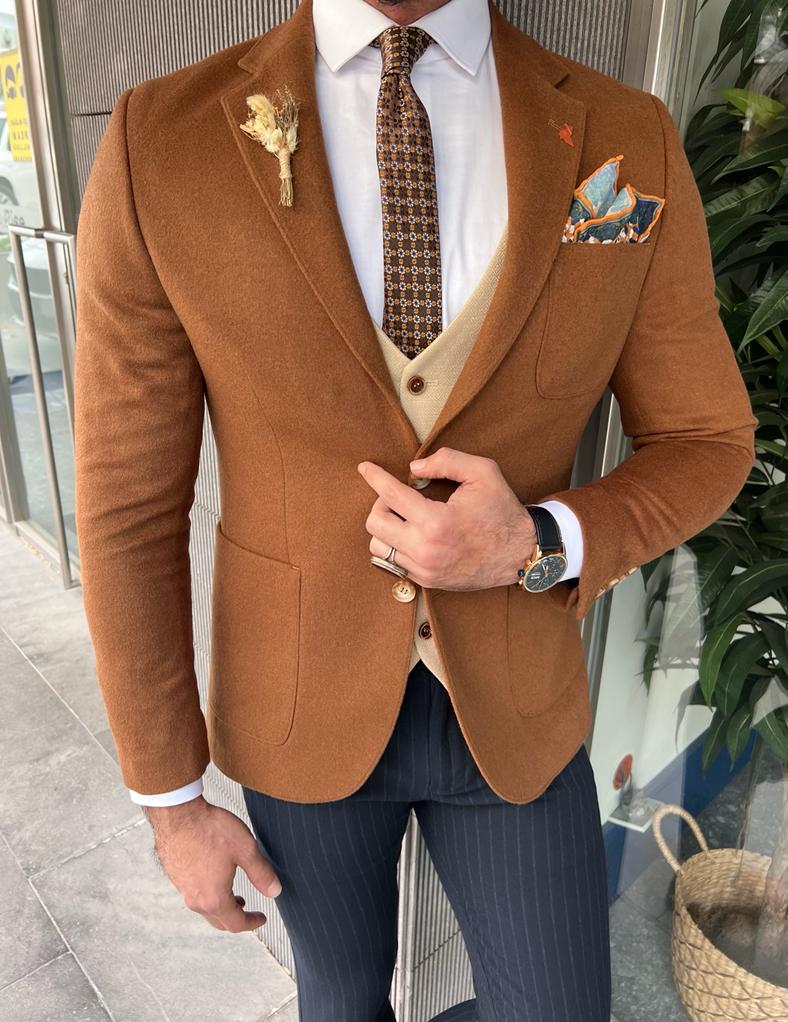 Enzo Brown Slim Fit Notch Lapel Wool Blazer - Versatile Elegance