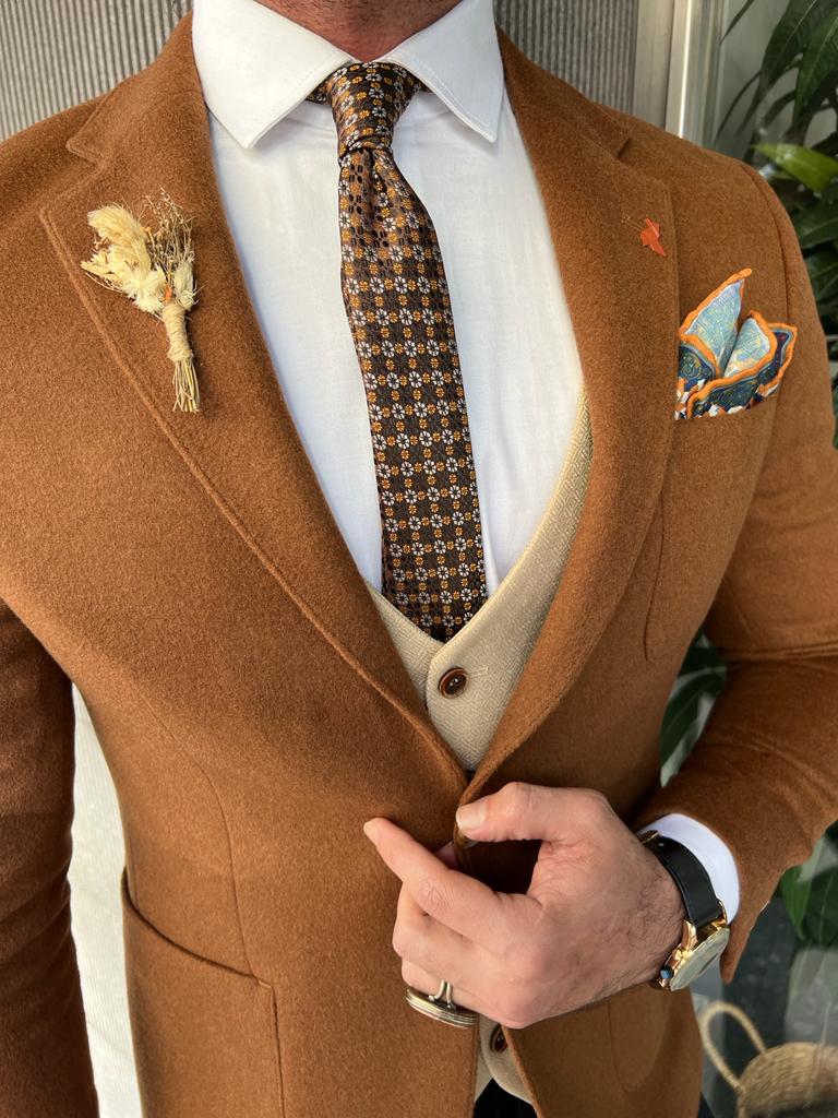 Enzo Brown Slim Fit Notch Lapel Wool Blazer - Versatile Elegance