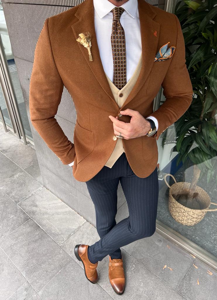 Enzo Brown Slim Fit Notch Lapel Wool Blazer - Versatile Elegance
