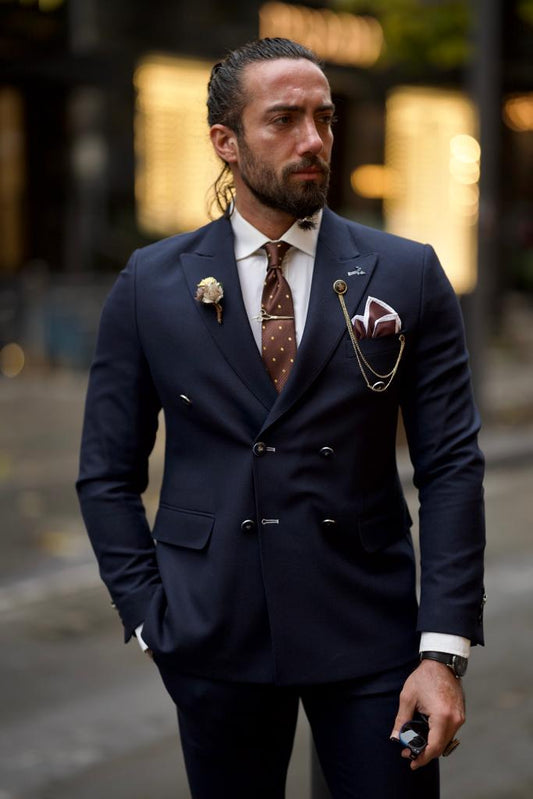 Jake Dark Blue Slim Fit Double Breasted Wool Suit