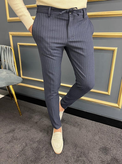 Avion Navy Blue Slim Fit Laced Striped Pants