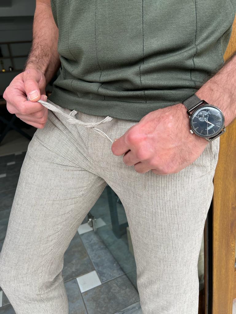 Tampa Beige Slim Fit Linen Laced Pants