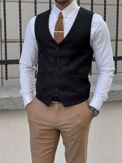 Stefano Slim Fit Black Woolen Vest for All Occasions
