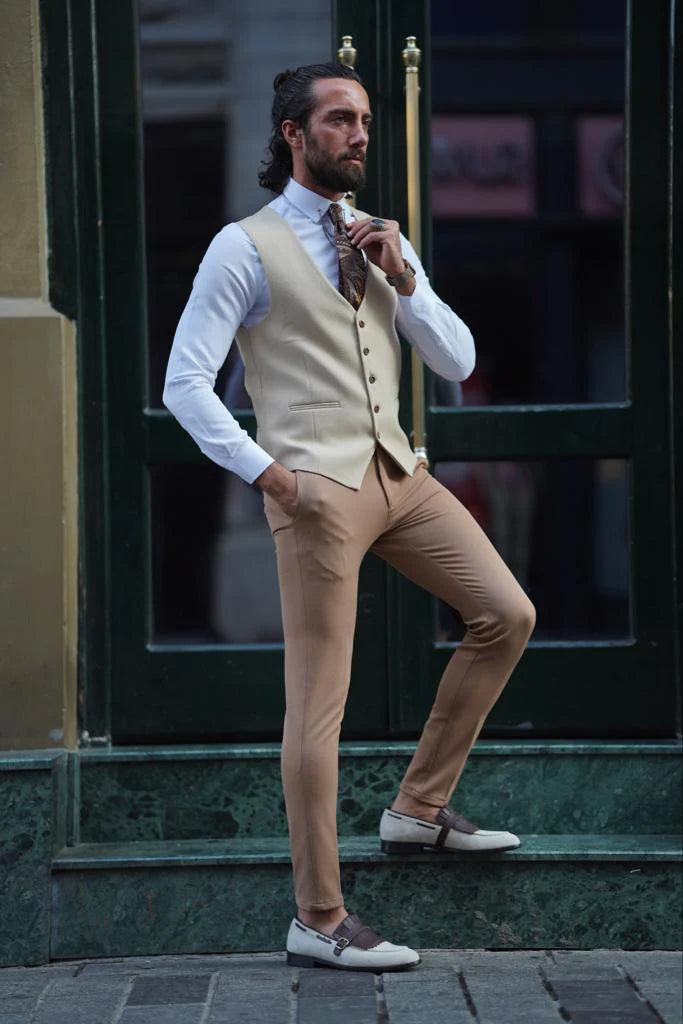 Stefano Slim Fit Beige Plaid Vest for Modern Gentlemen
