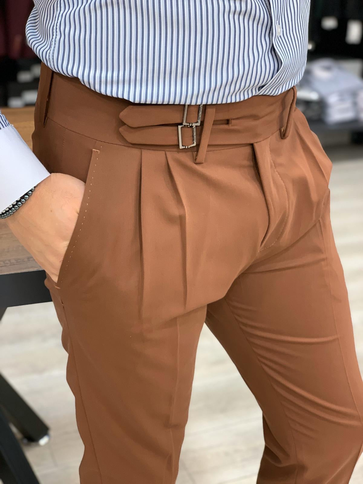 Jake Tile Pleated Buckled Slim Fit Pants
