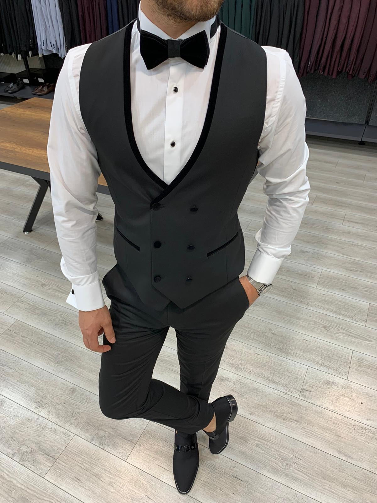 Wilson Black Slim Fit Velvet Peak Lapel Tuxedo: Timeless Elegance for Formal Occasions