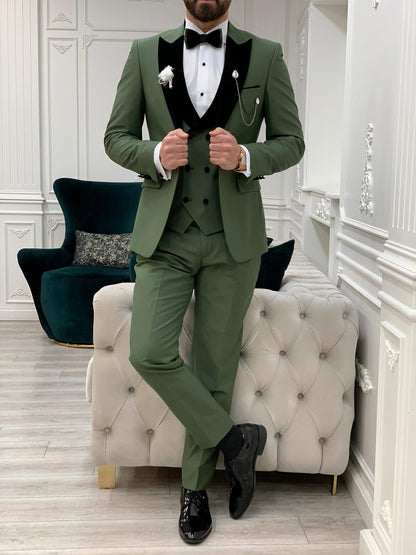 Eden Light Green Slim Fit Velvet Peak Lapel Tuxedo