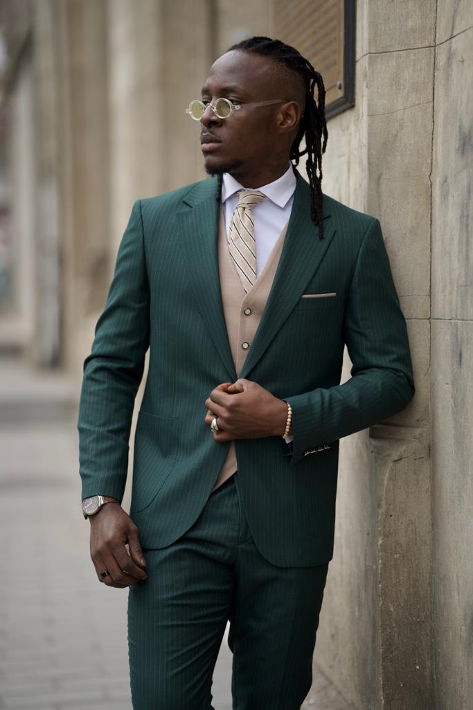 Sorento Green Slim Fit Pinstripe Combination Suit for Men