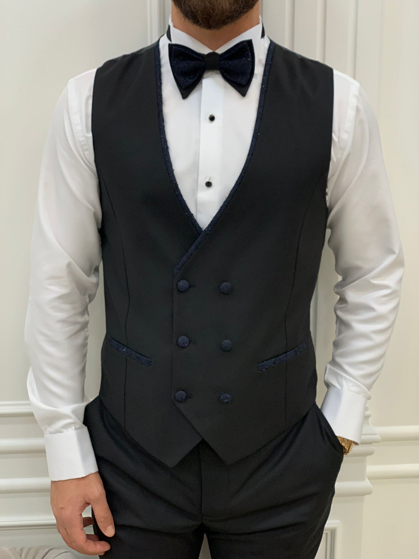 Caesar Navy Blue Slim Fit Peak Lapel Floral Patterned Tuxedo