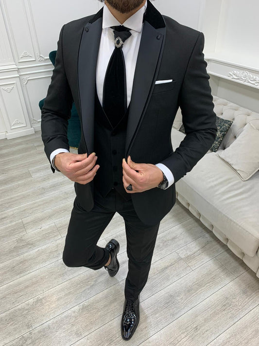 Forte Black Slim Fit Notch Lapel Wedding Suit
