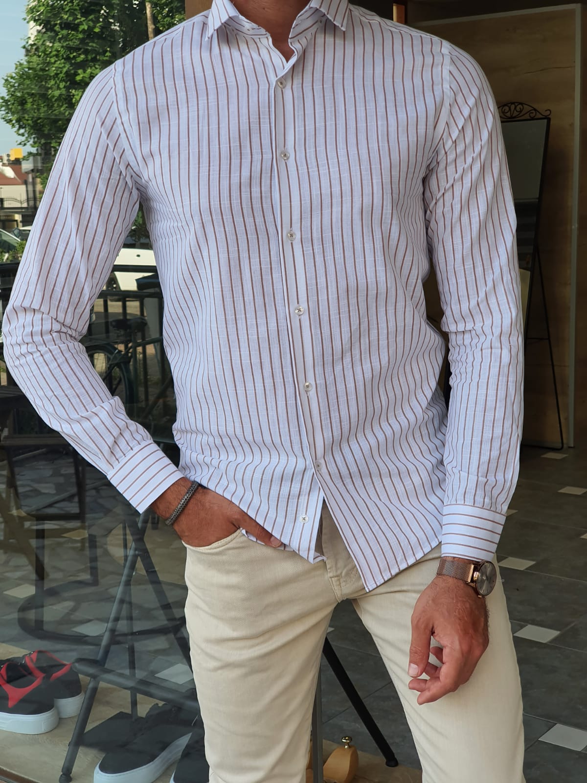 Brabion Berton Beige Slim Fit Long Sleeve Striped Cotton Shirt
