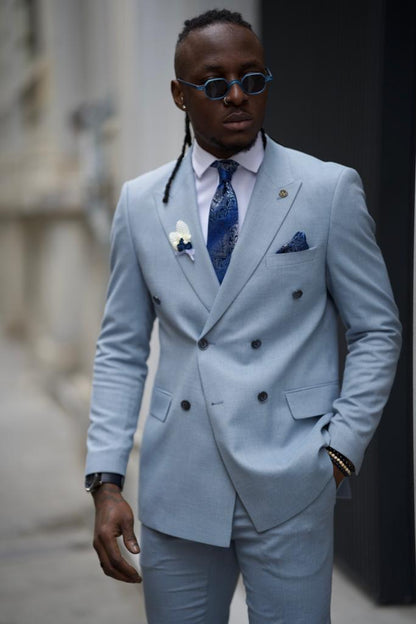 Sorento Sky Blue Slim Fit Double Breasted Linen Suit