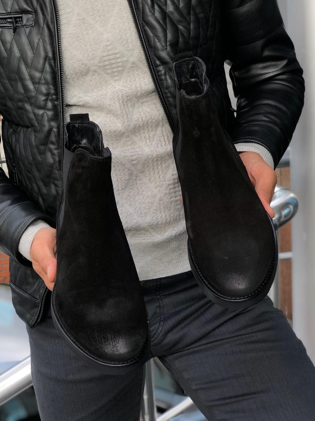 Aqua Black Suede Leather Chelsea Boots