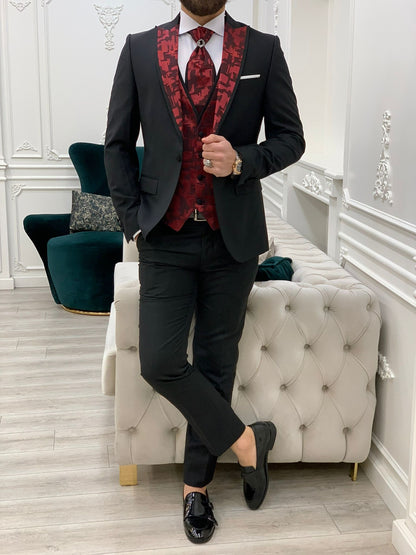 Paris Burgundy Black Slim Fit Peak Lapel Wedding Suit