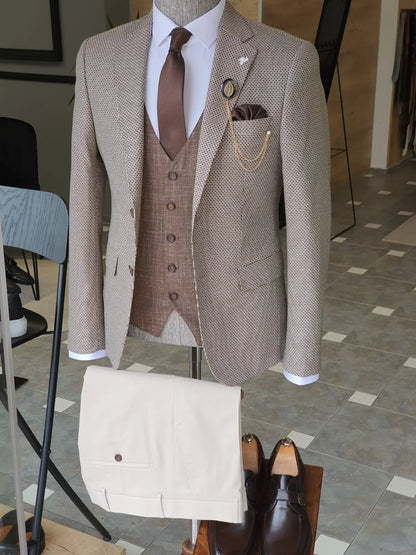 Acacia Beige Slim Fit Notch Lapel Suit - Three-Piece Elegance BOJONI
