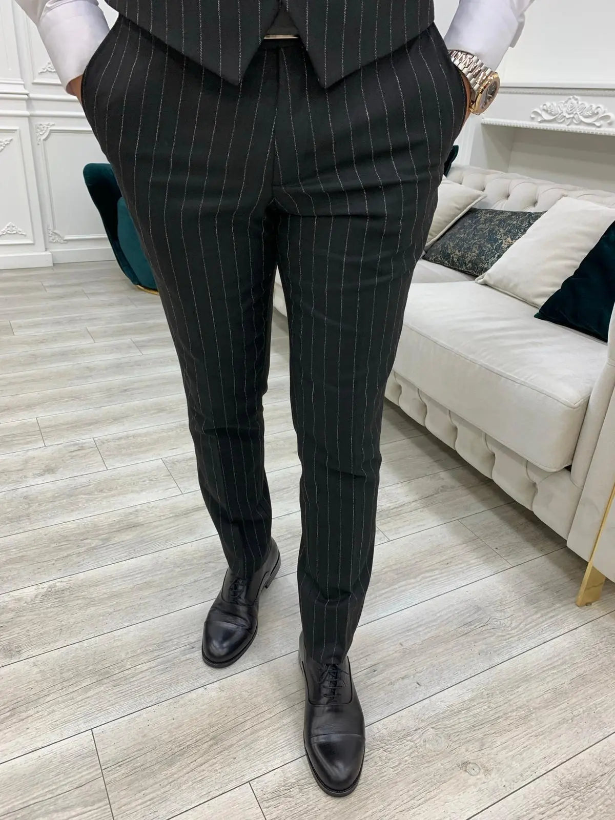 Lagos Black Slim Fit Peak Lapel Pinstripe Suit - Versatile Elegance for Every Occasion brabion