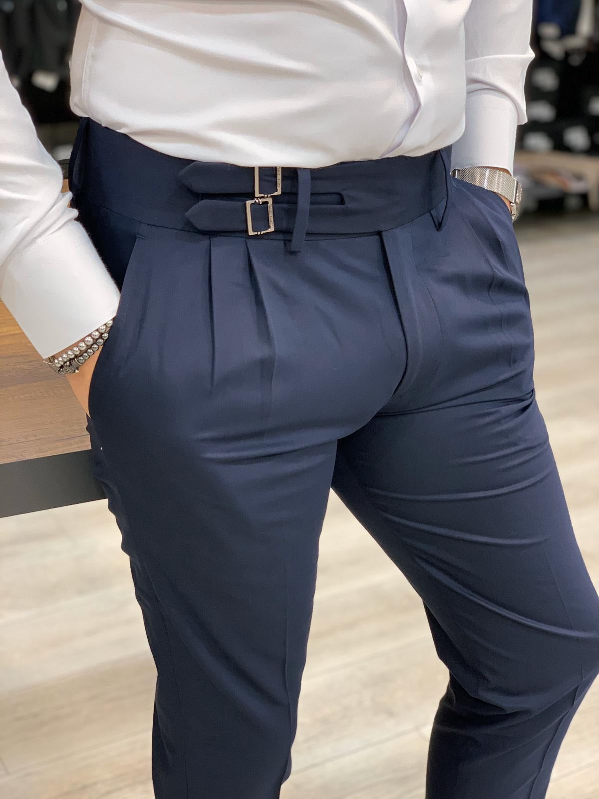 Jake Navy Double Pleated Buckled Slim Pants - Modern Elegance for Every Occasion