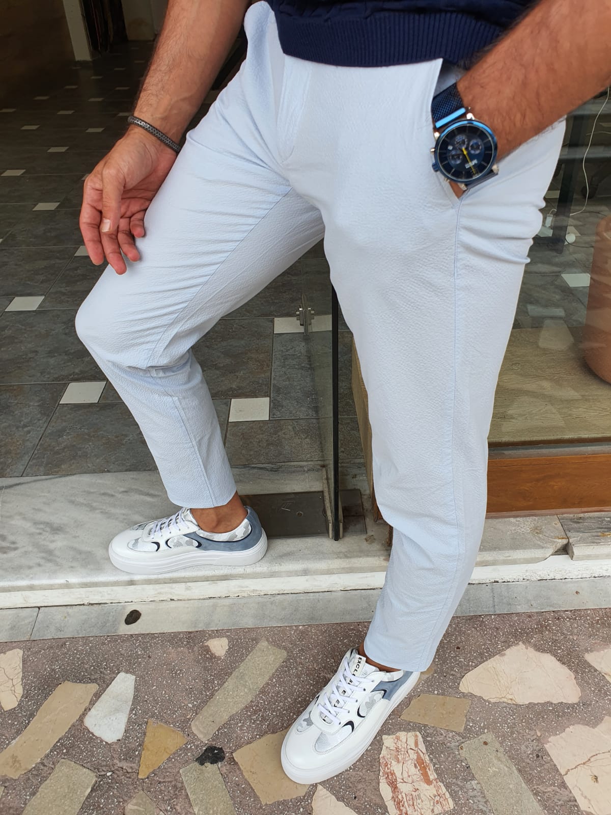 Berton Blue Slim Fit Cotton Pants