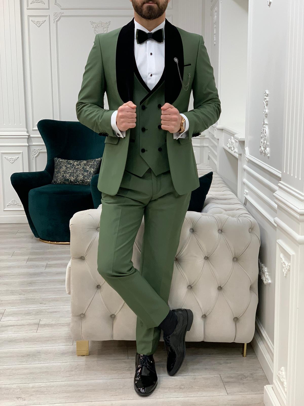 Eden Light Green Slim Fit Velvet Shawl Lapel Tuxedo