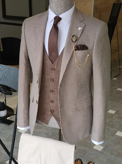 Acacia Beige Slim Fit Notch Lapel Suit - Three-Piece Elegance BOJONI