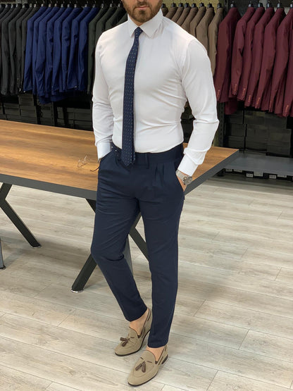 Jake Navy Double Pleated Buckled Slim Pants - Modern Elegance for Every Occasion