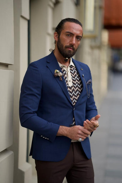 Sorento Navy Blue Slim Fit Notch Lapel Linen Blazer