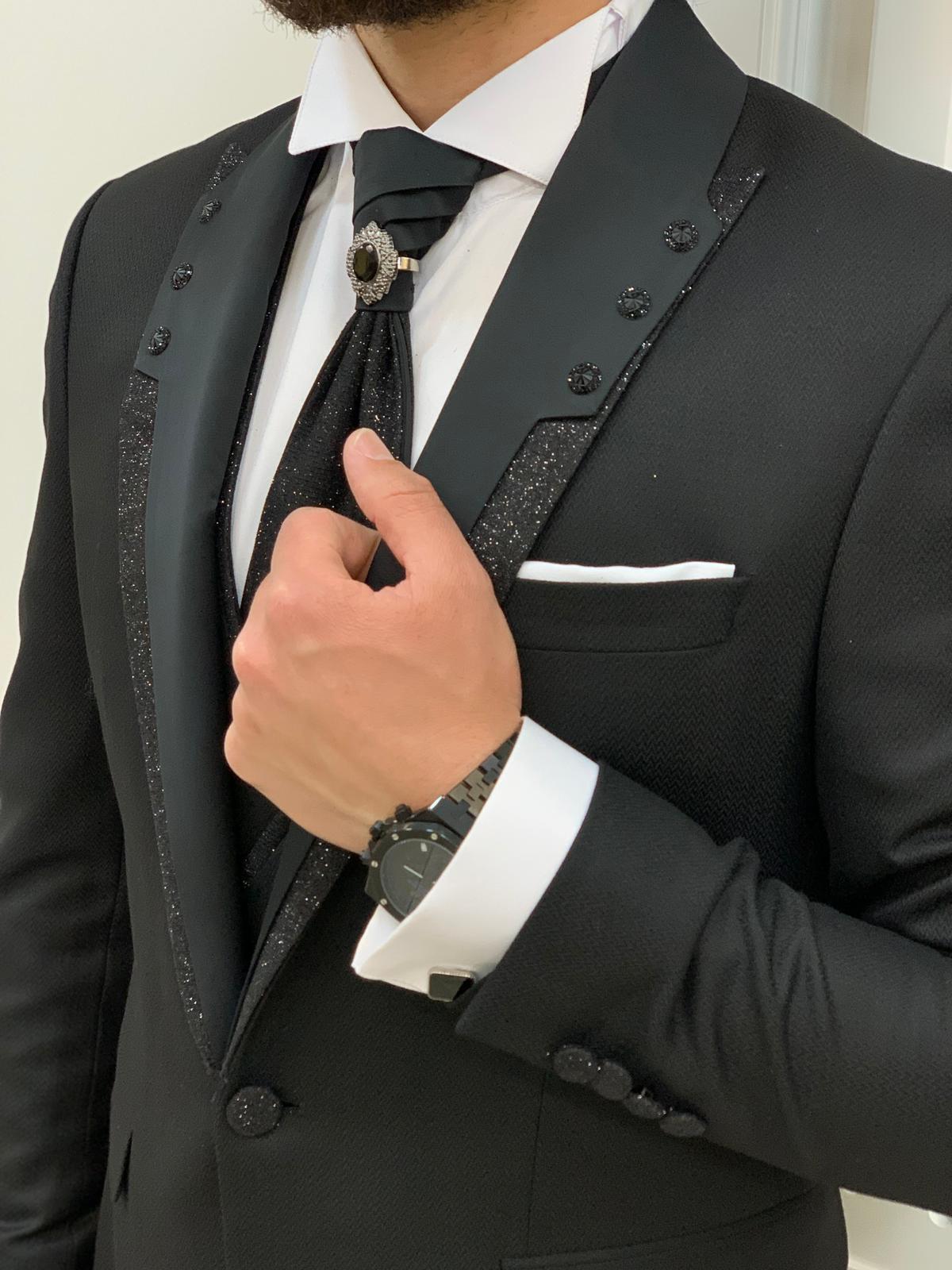 Forte Black Slim Fit Glitter Peak Lapel Wedding Suit