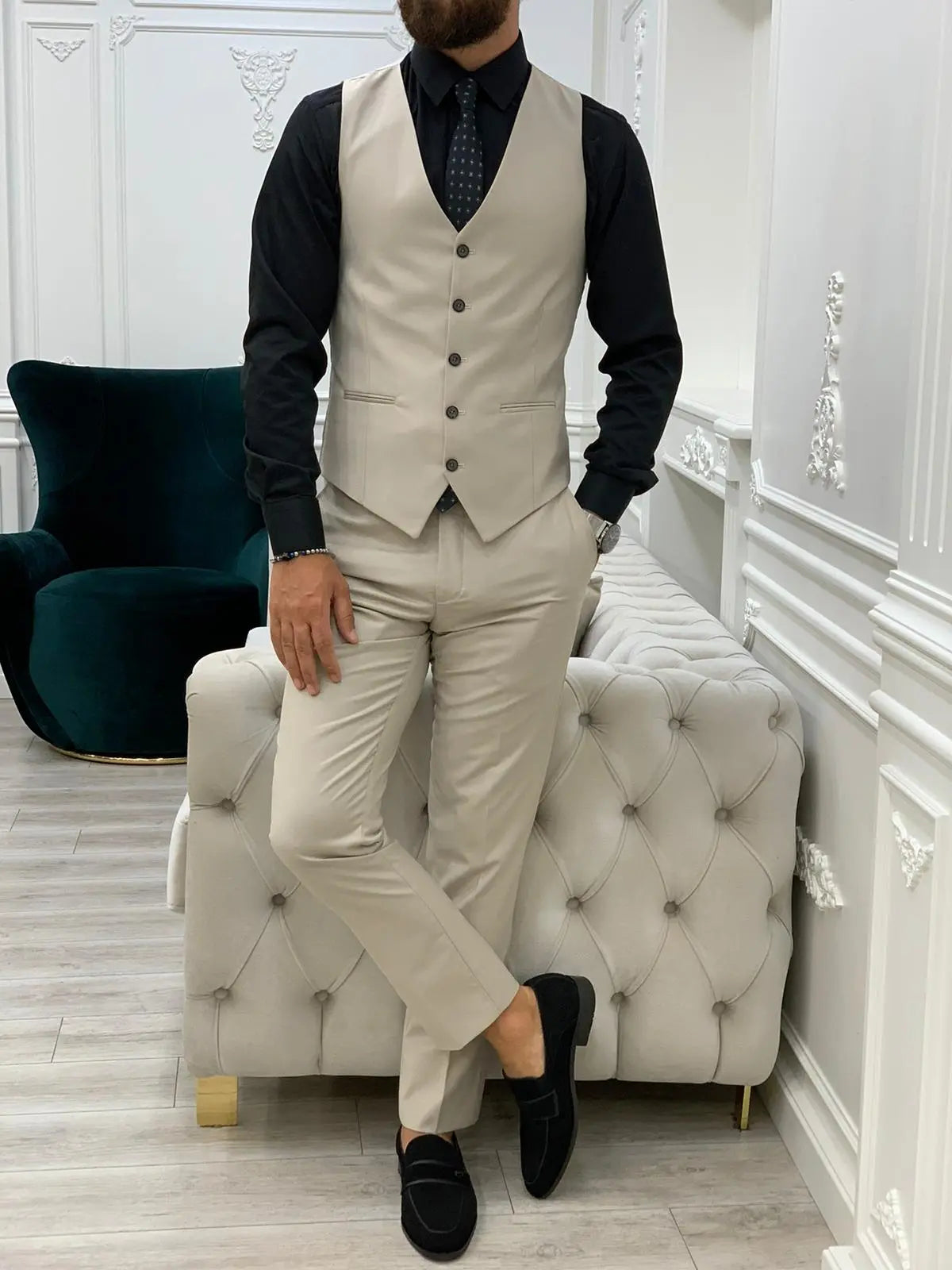 Eros Beige Slim Fit Peak Lapel Suit BOJONI