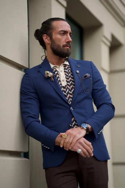 Sorento Navy Blue Slim Fit Notch Lapel Linen Blazer